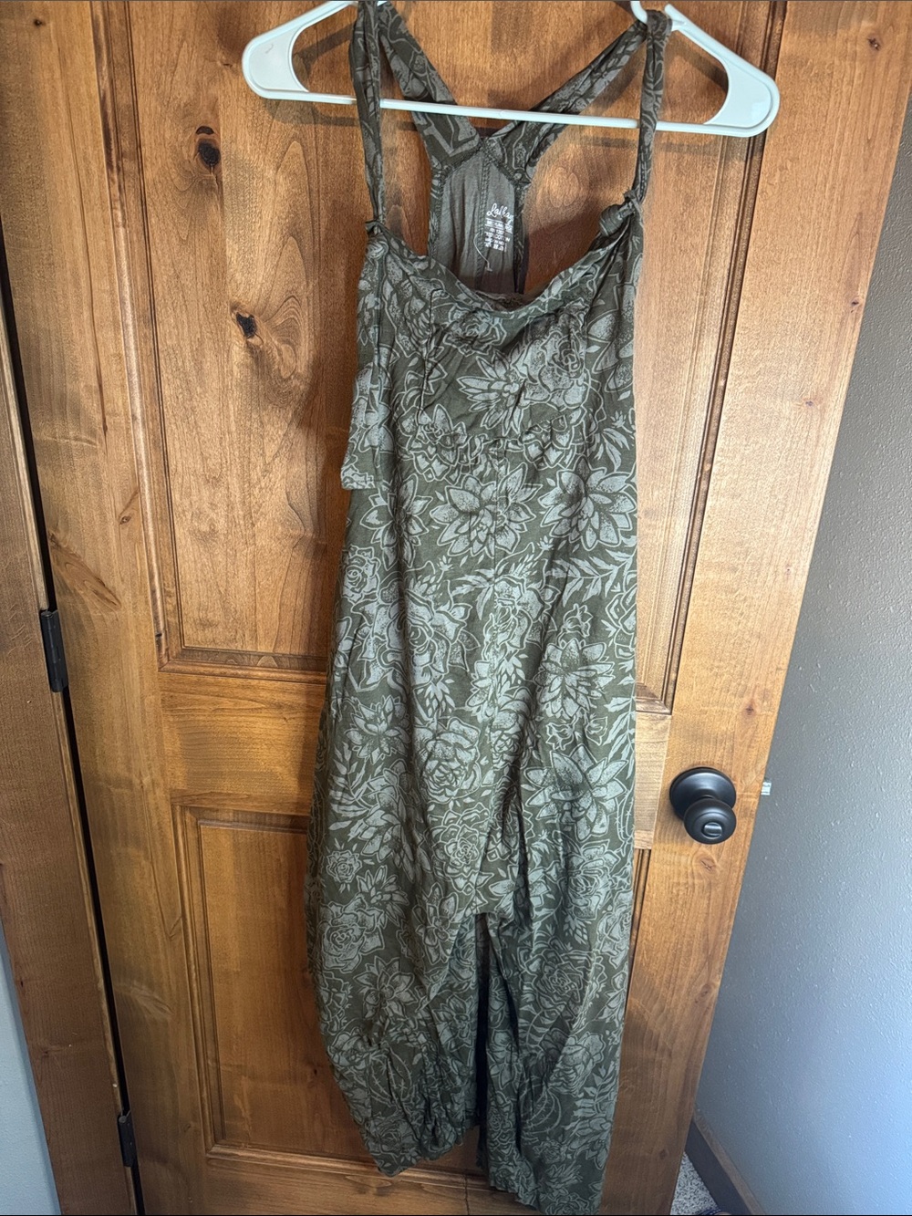 Floral Olive Halter Jumpsuit - Sleeveless Draped Neck